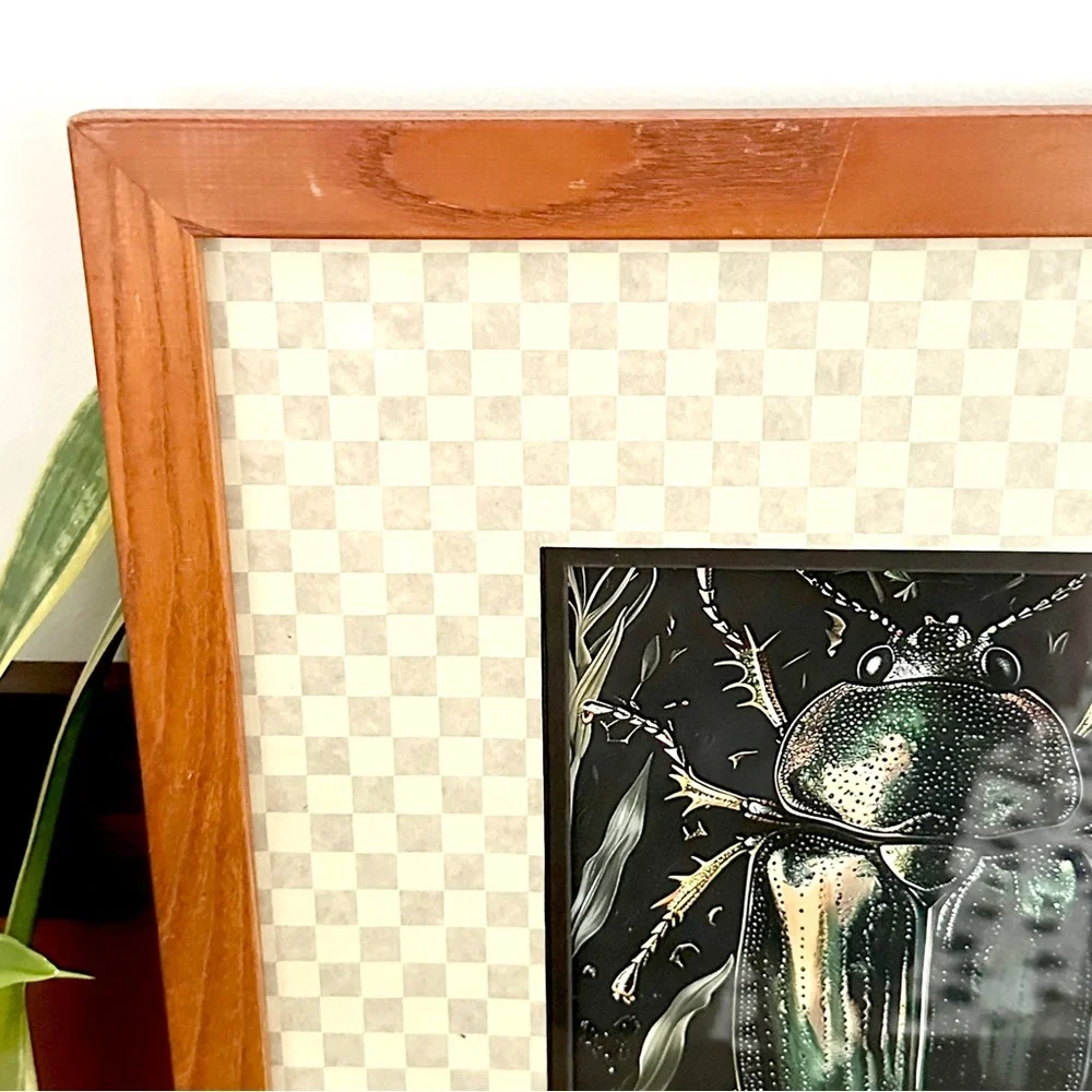 Scarab Beetle Dark Moody Canvas Print Checker Matted & Wood Framed Wall Art
